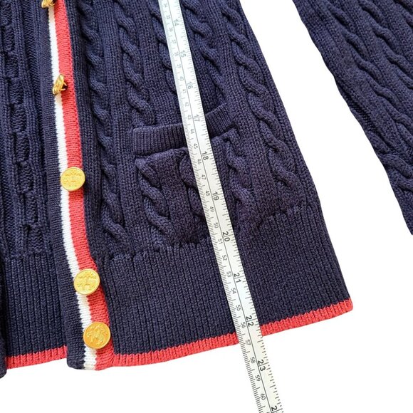 BROOKS BROTHERS Cotton Cable Knit Navy Cardigan with Red and White Trim - Picture 8 of 10